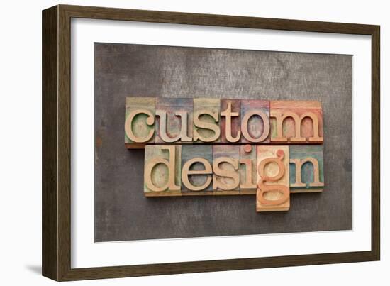 Custom Design - Text in Vintage Letterpress Wood Type against Grunge Metal Surface-PixelsAway-Framed Art Print