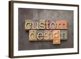 Custom Design - Text in Vintage Letterpress Wood Type against Grunge Metal Surface-PixelsAway-Framed Art Print