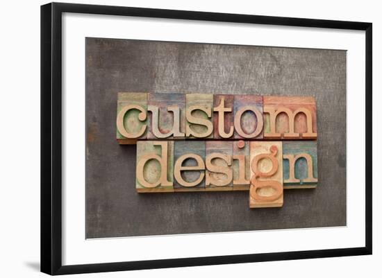 Custom Design - Text in Vintage Letterpress Wood Type against Grunge Metal Surface-PixelsAway-Framed Art Print