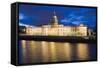 Custom House, Illuminated at Dusk, Reflected in the River Liffey-Martin Child-Framed Stretched Canvas