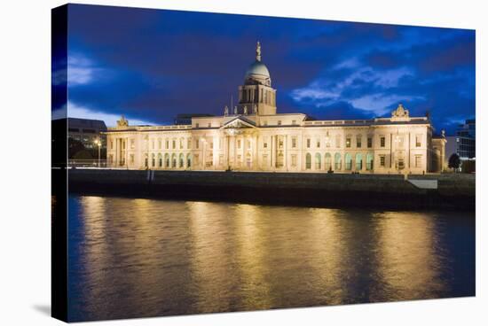 Custom House, Illuminated at Dusk, Reflected in the River Liffey-Martin Child-Stretched Canvas