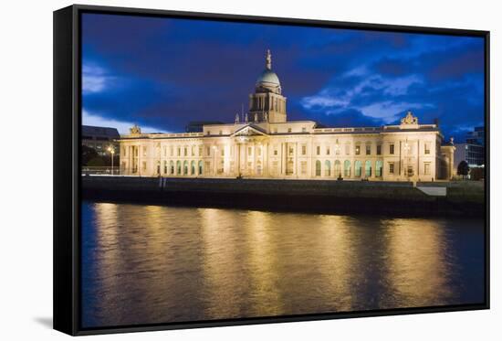 Custom House, Illuminated at Dusk, Reflected in the River Liffey-Martin Child-Framed Stretched Canvas