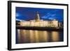 Custom House, Illuminated at Dusk, Reflected in the River Liffey-Martin Child-Framed Photographic Print