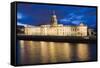 Custom House, Illuminated at Dusk, Reflected in the River Liffey-Martin Child-Framed Stretched Canvas