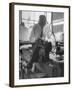 Custom Tailor Ernest Preedik Sitting on Table and Working in Factory-Ralph Morse-Framed Photographic Print