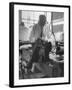 Custom Tailor Ernest Preedik Sitting on Table and Working in Factory-Ralph Morse-Framed Photographic Print
