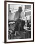 Custom Tailor Ernest Preedik Sitting on Table and Working in Factory-Ralph Morse-Framed Photographic Print