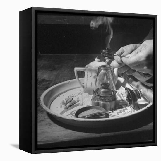 Customer Cooking Up the Opium to Prepare It For Smoking-George Lacks-Framed Stretched Canvas