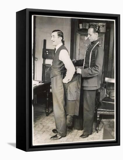 Customer Tries on a Suit the Tailor Has Made for Him, Suits You Sir!-null-Framed Stretched Canvas