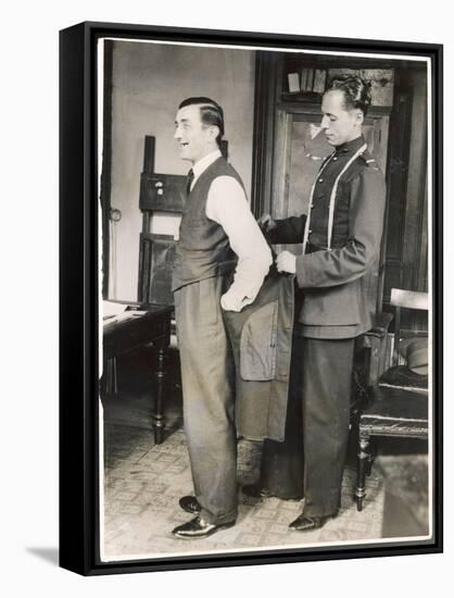 Customer Tries on a Suit the Tailor Has Made for Him, Suits You Sir!-null-Framed Stretched Canvas