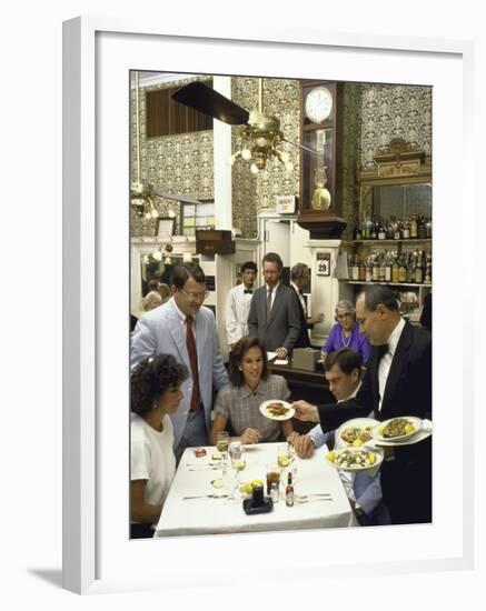 Customers Being Served Seafood and Chipped Ice at Galatoire's Restaurant-null-Framed Photographic Print