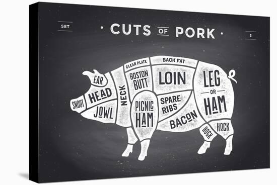 Cut of Meat Set. Poster Butcher Diagram, Scheme and Guide - Pork. Vintage Typographic Hand-Drawn On-Forest Foxy-Stretched Canvas