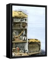 Cutaway View of a Water-Powered Mill for Grinding Grain Into Flour-null-Framed Stretched Canvas