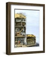 Cutaway View of a Water-Powered Mill for Grinding Grain Into Flour-null-Framed Giclee Print