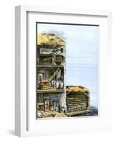 Cutaway View of a Water-Powered Mill for Grinding Grain Into Flour-null-Framed Giclee Print