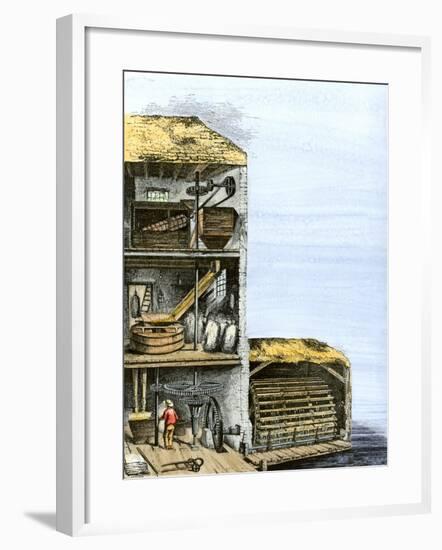 Cutaway View of a Water-Powered Mill for Grinding Grain Into Flour-null-Framed Giclee Print