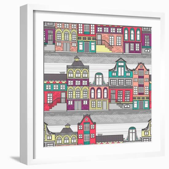 Cute Amsterdam Houses Seamless Pattern-cherry blossom girl-Framed Art Print