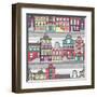 Cute Amsterdam Houses Seamless Pattern-cherry blossom girl-Framed Art Print