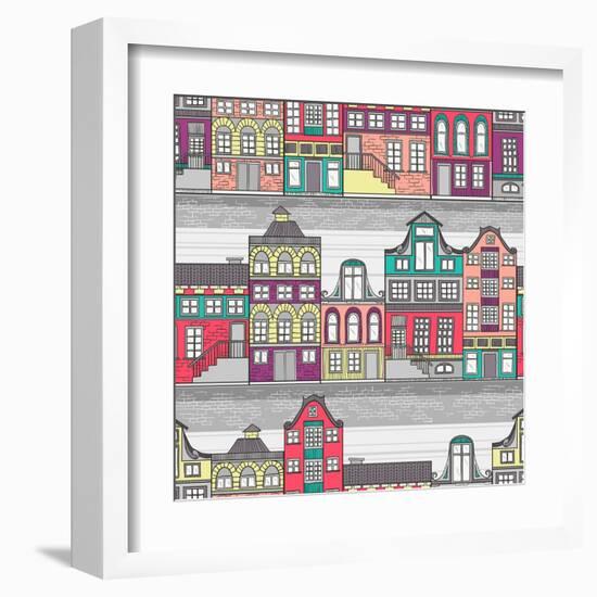 Cute Amsterdam Houses Seamless Pattern-cherry blossom girl-Framed Art Print