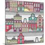 Cute Amsterdam Houses Seamless Pattern-cherry blossom girl-Mounted Art Print