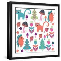 Cute Animals Seamless Pattern with Cats and Hedgehogs and Seamless Pattern in Swatch Menu, Vector-Luiza Kozich-Framed Art Print