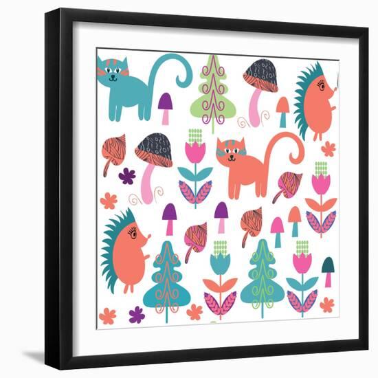 Cute Animals Seamless Pattern with Cats and Hedgehogs and Seamless Pattern in Swatch Menu, Vector-Luiza Kozich-Framed Art Print