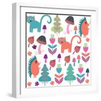 Cute Animals Seamless Pattern with Cats and Hedgehogs and Seamless Pattern in Swatch Menu, Vector-Luiza Kozich-Framed Art Print