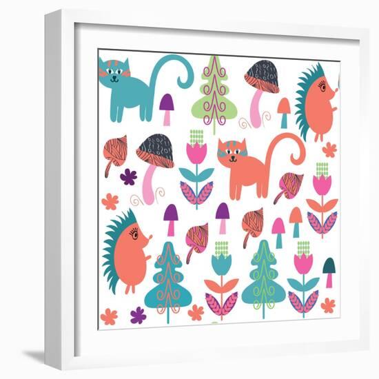 Cute Animals Seamless Pattern with Cats and Hedgehogs and Seamless Pattern in Swatch Menu, Vector-Luiza Kozich-Framed Art Print