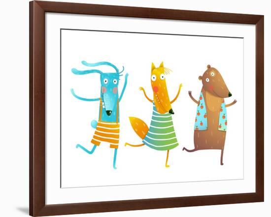 Cute Baby Animals Rabbit Fox Bear Dancing or Playing Kids Characters Wearing Clothes. Childish Cart-Popmarleo-Framed Art Print