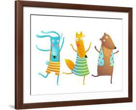 Cute Baby Animals Rabbit Fox Bear Dancing or Playing Kids Characters Wearing Clothes. Childish Cart-Popmarleo-Framed Art Print