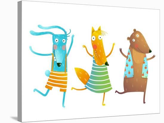 Cute Baby Animals Rabbit Fox Bear Dancing or Playing Kids Characters Wearing Clothes. Childish Cart-Popmarleo-Stretched Canvas