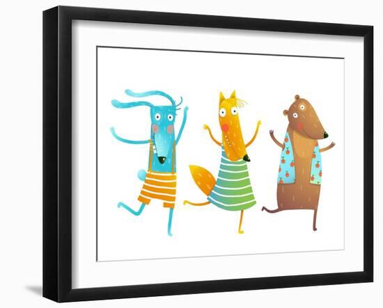 Cute Baby Animals Rabbit Fox Bear Dancing or Playing Kids Characters Wearing Clothes. Childish Cart-Popmarleo-Framed Art Print