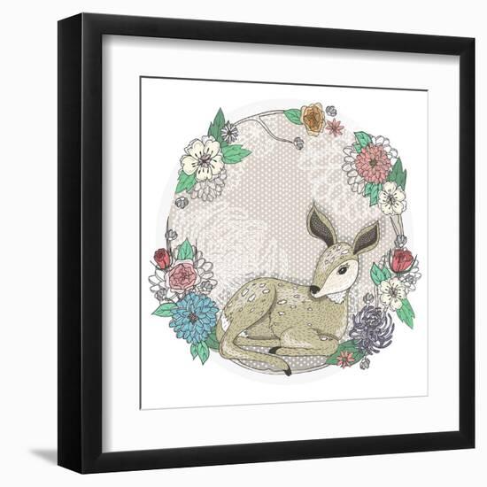 Cute Baby Deer and Flowers Frame.-cherry blossom girl-Framed Art Print