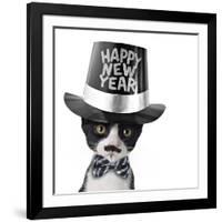 Cute Black and White Kitten with Moustache, Bow Tie and Happy New Year Hat-Hannamariah-Framed Photographic Print