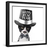 Cute Black and White Kitten with Moustache, Bow Tie and Happy New Year Hat-Hannamariah-Framed Photographic Print