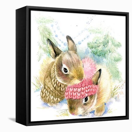 Cute Bunny in Winter Forest. Cute Rabbit Watercolor Drawing. Bunny Illustration for Christmas Greet-Faenkova Elena-Framed Stretched Canvas