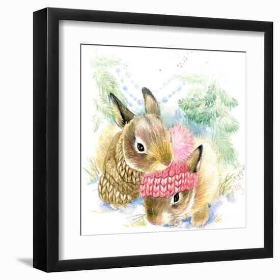 Cute Bunny in Winter Forest. Cute Rabbit Watercolor Drawing. Bunny Illustration for Christmas Greet-Faenkova Elena-Framed Art Print