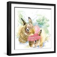 Cute Bunny in Winter Forest. Cute Rabbit Watercolor Drawing. Bunny Illustration for Christmas Greet-Faenkova Elena-Framed Art Print