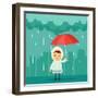 Cute Cartoon Kid with Umbrella Standing under the Rain. Buildings Silhouettes on Background. Vector-stickerama-Framed Art Print