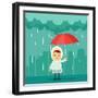 Cute Cartoon Kid with Umbrella Standing under the Rain. Buildings Silhouettes on Background. Vector-stickerama-Framed Art Print