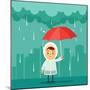 Cute Cartoon Kid with Umbrella Standing under the Rain. Buildings Silhouettes on Background. Vector-stickerama-Mounted Art Print