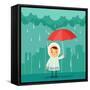 Cute Cartoon Kid with Umbrella Standing under the Rain. Buildings Silhouettes on Background. Vector-stickerama-Framed Stretched Canvas