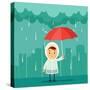 Cute Cartoon Kid with Umbrella Standing under the Rain. Buildings Silhouettes on Background. Vector-stickerama-Stretched Canvas