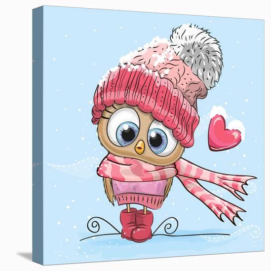 Cute Cartoon Owl in a Hat and Scarf-Reginast777-Stretched Canvas