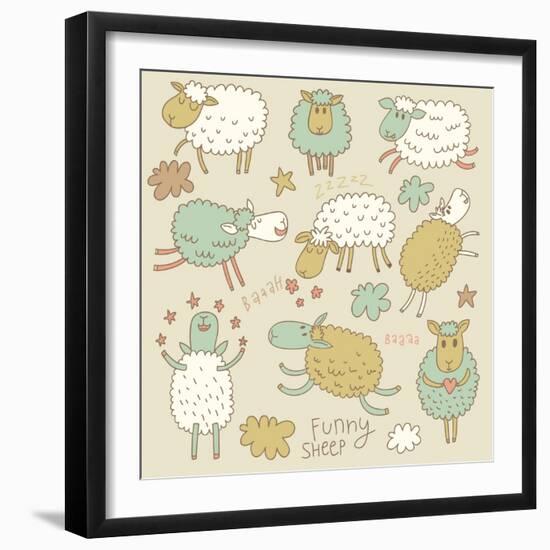 Cute Cartoon Sheep in Vector. Childish Set in Gentle Colors-smilewithjul-Framed Art Print
