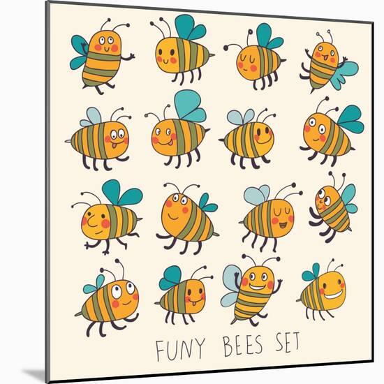 Cute Cartoon Vector Set in Bright Colors. Funny Bees in Vector. Childish Set with Cute Insects-smilewithjul-Mounted Art Print