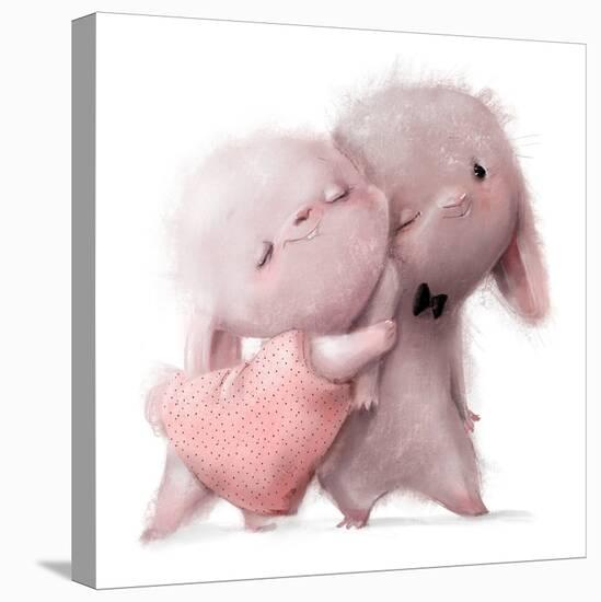 Cute Cartoon White Hares Hugging-Elena Barenbaum-Stretched Canvas