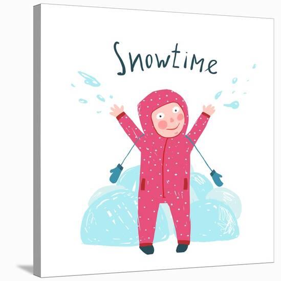Cute Child Girl in Winter Clothes Playing with Snow Colorful Childish Cartoon. Happy Kid in Mittens-Popmarleo-Stretched Canvas