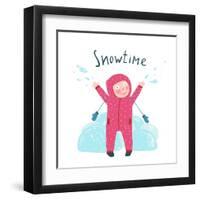 Cute Child Girl in Winter Clothes Playing with Snow Colorful Childish Cartoon. Happy Kid in Mittens-Popmarleo-Framed Art Print