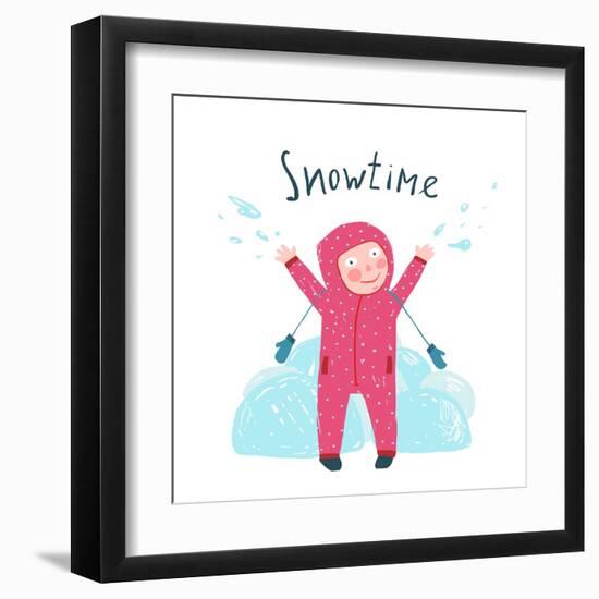 Cute Child Girl in Winter Clothes Playing with Snow Colorful Childish Cartoon. Happy Kid in Mittens-Popmarleo-Framed Art Print